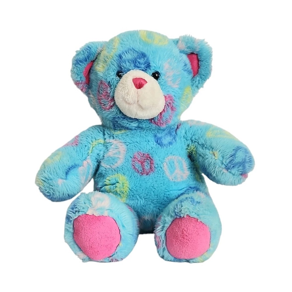 Build A Bear Workshop Peace Sign Teddy Bear Plush Stuffed Animal Blue Pink Paws - Picture 9 of 10